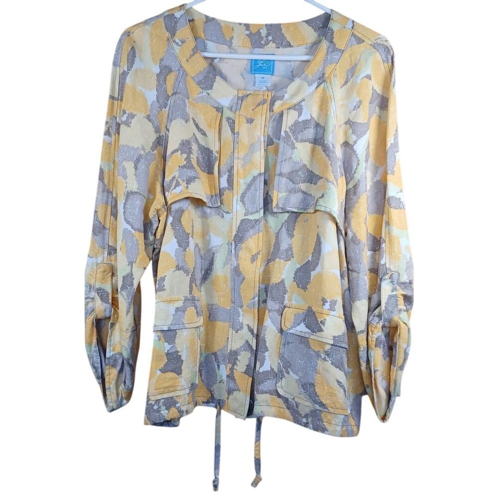 Lark Lane Jacket Size 18 Yellow Gray Floral Linen Blend Roll Tab 3/4 Sleeve